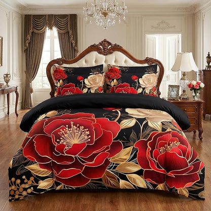 Black and Red Comforter Set Girls King Size Vintage Floral Bedding 3 Pcs Luxury Botanical Flower Quilted Comforter for Elegant Women Bedroom Decor,Red Gold/104"x90"