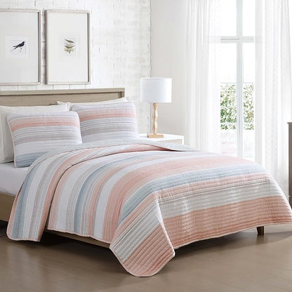 Beatrice Home Fashions Coralinn Striped 3-Piece Quilt Set, Lightweight, All-Seasons, Full/Queen, Blush
