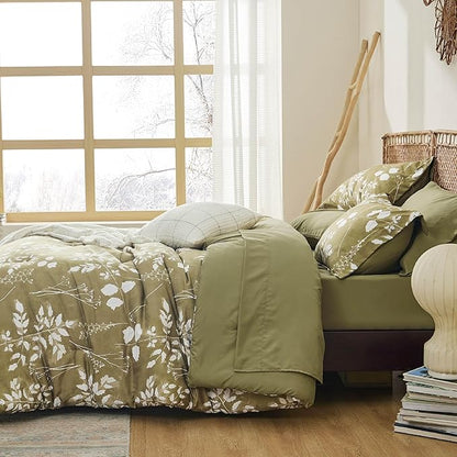 Bedsure Full Size Comforter Set - 7 Pieces Floral Olive Green Soft Bedding Sets, Full Bed in a Bag with Botanical Flowers Comforter, Sheets, Pillowcases & Shams