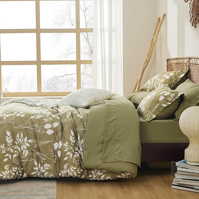 Bedsure Queen Comforter Set - 7 Pieces Floral Olive Green Soft Bedding Sets, Queen Bed in a Bag with Botanical Flowers Comforter, Sheets, Pillowcases & Shams
