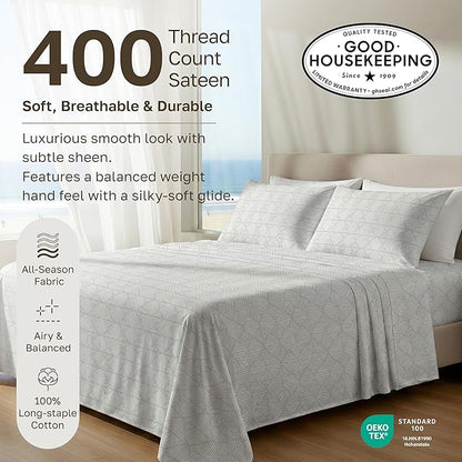 California Design Den Full Size Bed Sheets Set - 400 Thread Count Sateen, Natural 100% Cotton Sheets Full Size, Deep Pocket and Durable Bedding Set - Taupish-Sage Crosshatch