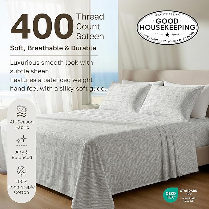 California Design Den California King Sheet Sets - 400 Thread Count Sateen, Natural 100% Cotton Sheets, Deep Pocket and Durable Bedding Set - Taupish-Sage Crosshatch