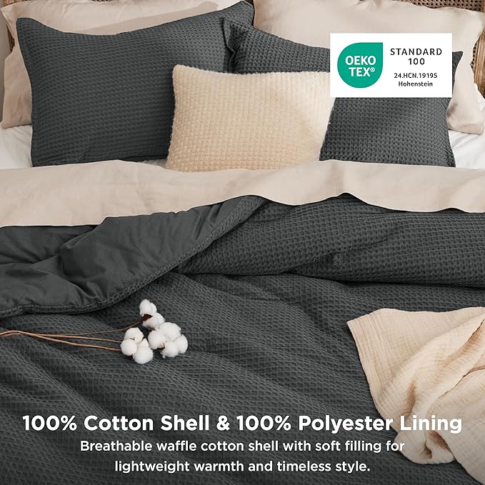 Bedsure Waffle Comforter Set California King, Charcoal Soft Bedding, Waffle Weave Bed Set, 3 Pieces, 1 Comforter (104"x96") and 2 Pillow Shams, Cotton Shell and Polyester Lining for All Seasons