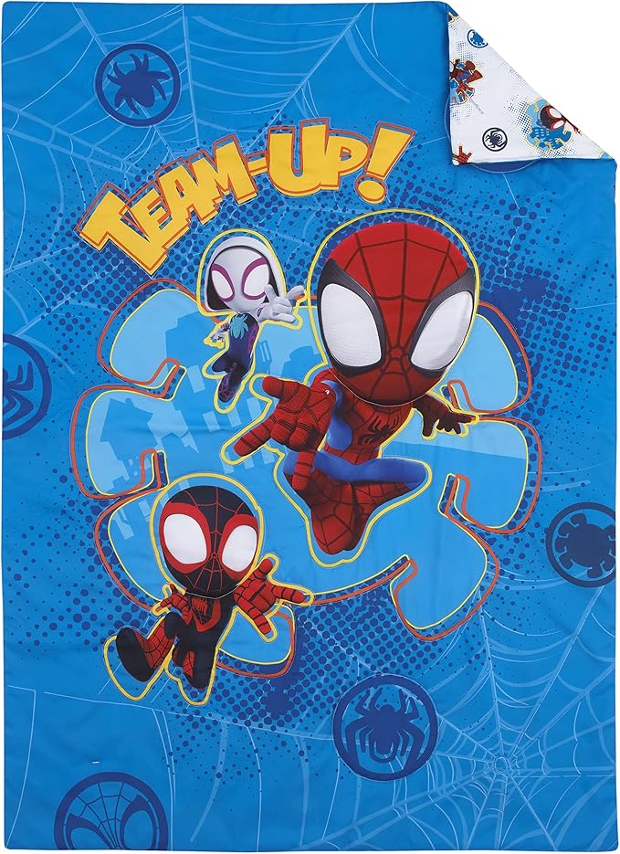 Disney Marvel Spidey and his Amazing Friends Spidey Team Red, White, and Blue 4 Piece Toddler Bed Set - Comforter, Fitted Bottom Sheet, Flat Top Sheet, and Reversible Pillowcase