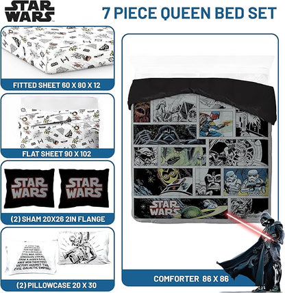 Jay Franco Star Wars Comic Book Queen Size Comforter Set - 7 Piece Bedding Includes Sheet Set & Pillow Covers - Super Soft Cozy Kids Bedding