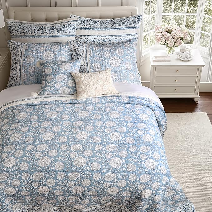 Levtex Home Adare Blue Reversible King/Cal King Quilt Set (106x92in) with 2 Pillow Shams (36x20in) - Floral Bedding - Blue White - Cotton King Size Quilt Bedding Set - Lightweight, Soft, Pre-Washed