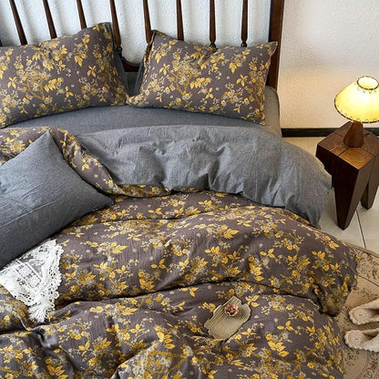 mixinni Vintage Floral Duvet Cover King Set - Gold Jacquard & Grey Reversible, 100% Yarn-Dyed Double-Layer Cotton, Breathable & Luxurious Farmhouse Bedding (3-Piece, Includes 2 Pillowcases)