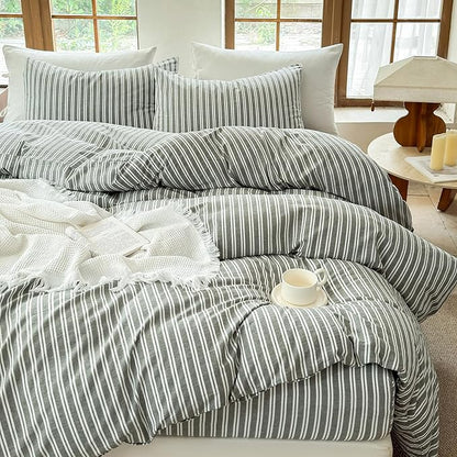 Striped Duvet Cover Set 100% Washed Cotton Linen Like Soft Feelling Breathable Bedding(Olive Green/White Strip,King)