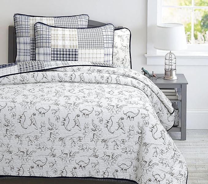 Cozy Line Home Fashions Benjamin Cute Dinosaur Plaid Navy Blue White Grey Bedding Quilt Set 100% Cotton Reversible Coverlet Bedspread Set for Kids Boy (King - 3 Piece)