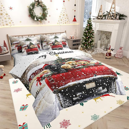 Farmhouse Christmas Dog Comforter Set 7 Pieces,Red Christmas Trees Truck Bed Set,Rustic Style Bedding Bed in a Bag,Queen (1 Comforter,2 Pillowcase,2 Pillow Covers,1 Flat Sheet,1 Fitted Sheet)