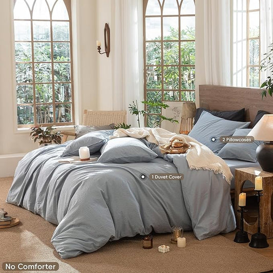 MooMee Wavy Striped Duvet Cover Set 100% Washed Cotton Linen Like Textured Breathable Durable Soft Comfy (Cornflower Blue, King 104"x90")