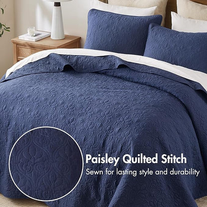 Madison Park Quebec King Size Quilt Bedding Set - Navy , Damask – 3 Piece Bedding Quilt Coverlets – Ultra Soft Microfiber Bed Quilts Quilted Coverlet