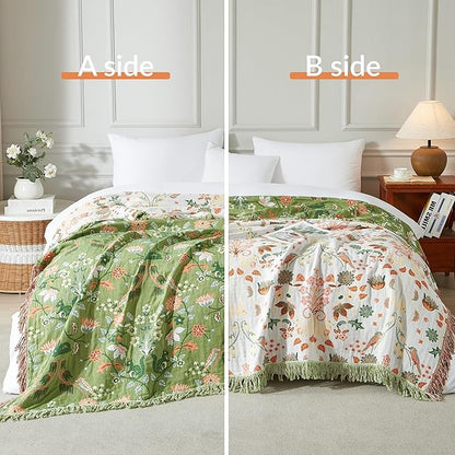 Boho Throw Blanket for Bed 90”x98”, 100% Cotton Woven Blanket for Couch Sofa, Ultra Soft 4-Layer Muslin Quilt with Floral Printed, Farmhouse Bed Blanket/Cover for Living Room Decor