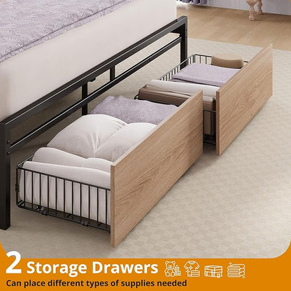 LIKIMIO Queen Size Bed Frame, Storage Headboard with Charging Station, Platform Bed with Drawers, No Box Spring Needed, Easy Assembly, Wood and Cream