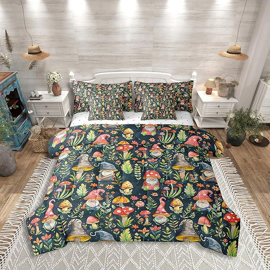 Mushroom Gnome Comforter Set Bed in a Bag 7 Pieces King,Botanical Leaves Bedding Set for Girls Teens Kids,Colorful Mushroom Plants (Comforter+Fitted+Flat Sheet+2 Pillowcases+2 Throw Pillow Covers)