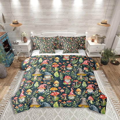 Mushroom Gnome Comforter Set Bed in a Bag 7 Pieces Full,Botanical Leaves Bedding Set for Girls Teens Kids,Colorful Mushroom Plants (Comforter+Fitted+Flat Sheet+2 Pillowcases+2 Throw Pillow Covers)