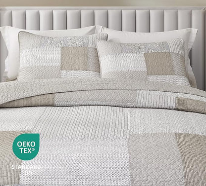 Chezmoi Collection Quinn 3-Piece Neutral Taupe Gray White Floral Hibiscus Flower Candy Stripe Patchwork Quilt Set - Pre-Washed Cotton Coverlet - Lightweight Reversible Bedspread, Queen Size