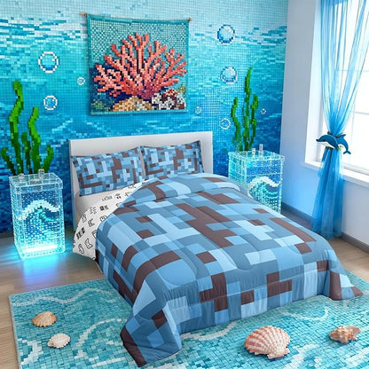 Pixel Grid Miners Comforter Set King Size,Reversible Gamepad Video Games Kids Bedding Set,Army Camo Geometric Quilt Comforter,Black Light Blue Duvet Insert,2 Pillowcases