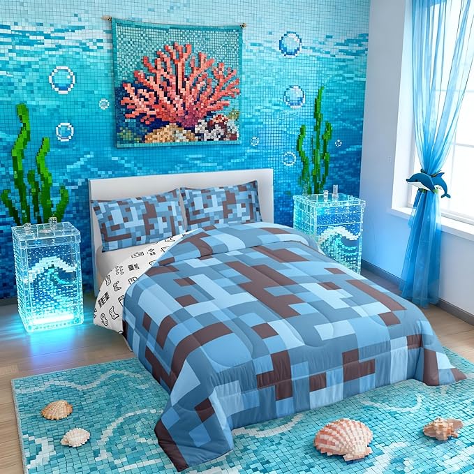 Pixel Grid Miners Kids Bedding Set Queen Size,Reversible Gamepad Video Games Comforter Set，Army Camo Geometric Quilt Comforter,Black Light Blue Bedroom Duvet Insert,2 Pillowcases