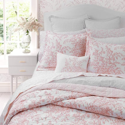 Laura Ashley - Twin Quilt Set, Soft & Reversible Cotton Floral Bedding with a Medium Weight Feel, 2 Piece Bed Set with Matching Pillowcase (Bedford Pink)