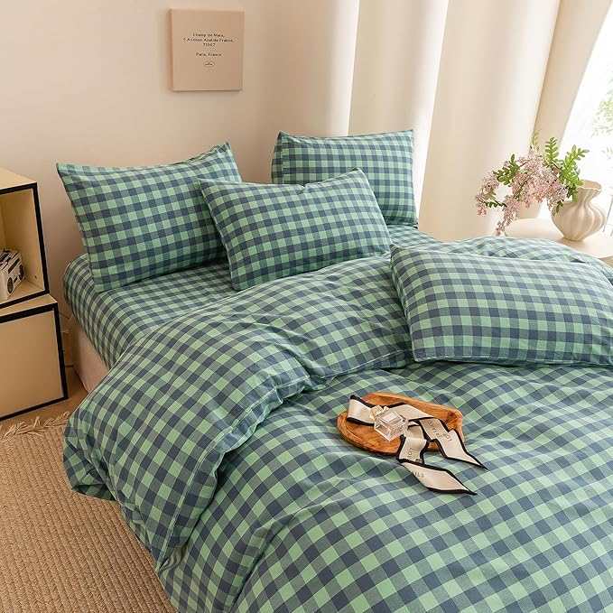 ECOCOTT Grid Plaid Duvet Cover King Size -100% Washed Cotton Linen Like Textured Breathable Durable Soft Comfy Bedding Set Mini Green Blue Plaid