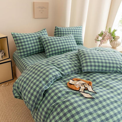 ECOCOTT Grid Plaid Duvet Cover King Size -100% Washed Cotton Linen Like Textured Breathable Durable Soft Comfy Bedding Set Mini Green Blue Plaid