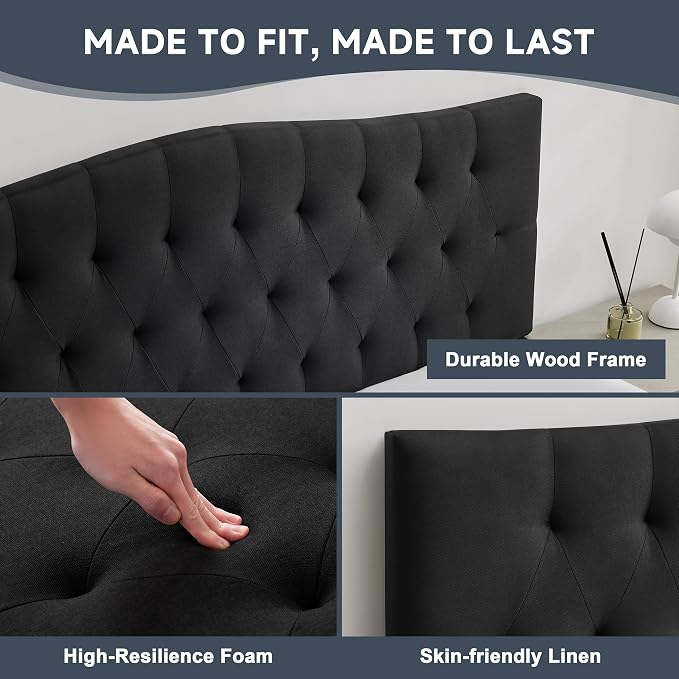 Tufted Upholstered King Size Headboard Only, Adjustable 38-50 in, Black | King Headboard for King Size Bed, Durable Linen Fabric Headboards, Modern Diamon Design Wood Head Board