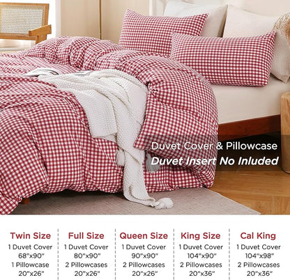 TOCOMOA Red Gingham Duvet Cover Bedding Set 100% Washed Cotton Like Linen Feel Super Soft Comfortable 3 Piece Cute Plaid Checkered Comforter Cover Set (King 104"x90", Comforter Not Included)