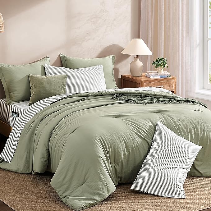 Monbix Super King Plus Size Comforter Set - 7 Pieces Green Prewashed Bed in a Bag Bedding Sets with Comforters, All Seasons Ultra Soft Comforter Bed Set with Sheets, Pillowcases & Shams