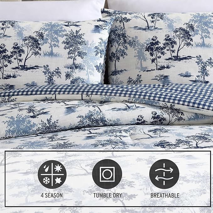 Eddie Bauer - King Comforter Set, Super Soft Reversible Bedding with Matching Shams, Buffalo Check Reverse, Rustic Inspired Room Essentials (Vintage Forest Toile Blue, King)