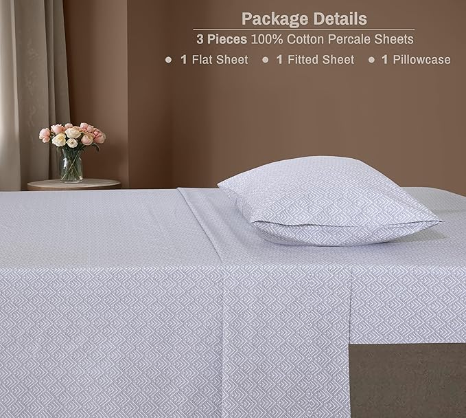 ZOYER 100% Cotton Sheets – Twin XL Size Percale Bedding, Cooling & Breathable, Durable with a Crisp, Soft & Comfortable Feel, 16" Deep Pocket, 3-Piece Set, Daimond Box