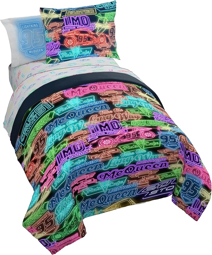 Jay Franco Kids Comforter Set Includes Sheets and Pillow Covers - Soft and Cozy Bed Set for Stylish Room Decor, Black - Cars, 7 Piece Full Bedding