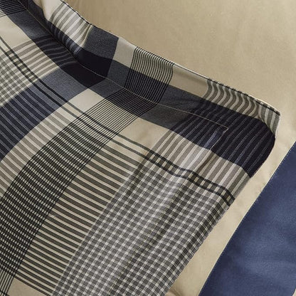 Intelligent Design Robbie 7-Piece Twin Comforter Set – Lightweight All-Season Plaid Bedding, Navy/Tan, Cozy Bed-in-a-Bag with Matching Shams & Decorative Pillow, Modern Casual Style