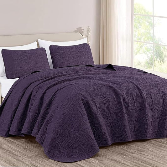 Chezmoi Collection Austin 3-piece Oversized Bedspread Coverlet Set (King, Purple) | Oversized, Lightweight, Fade Resistant