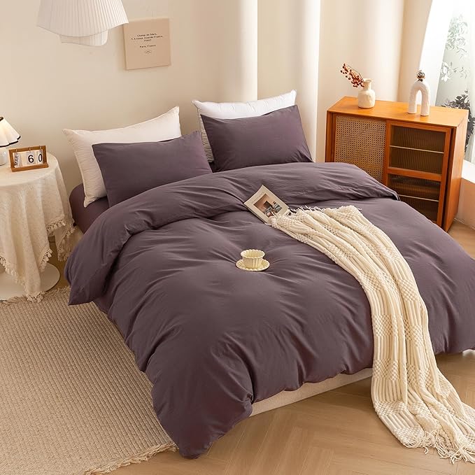 ECOCOTT Lilac Purple Duvet Cover Queen, 100% Washed Cotton 3 Piece Duvet Cover Sets 1 Duvet Cover with Zipper and 2 Pillowcases Bedding Set(Lilac Purple,Queen)