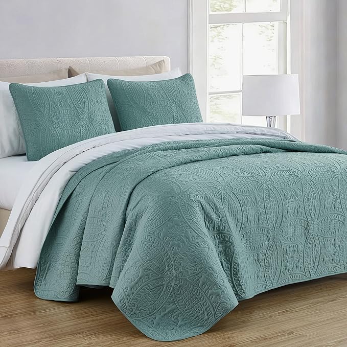 Chezmoi Collection Austin 3-Piece Oversized Bedspread Coverlet Set King, Spa Blue, 118 by 106-Inch | Oversized, Lightweight, Fade Resistant