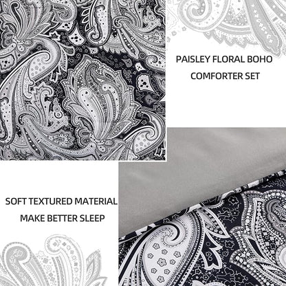 Black Paisley Comforter Set California King Size, 7 Piece Bed in a Bag Black Gray Boho Paisley Pattern Comforter Set, Soft Lightweight Microfiber Reversible Bedding Set for All Season (106''x96'')