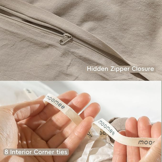MooMee Bedding Duvet Cover Set 100% Washed Cotton Linen Like Textured Breathable Durable Soft Comfy (Heathered Tannish Linen Grey, Palatial King/Oversized King 120"x98")