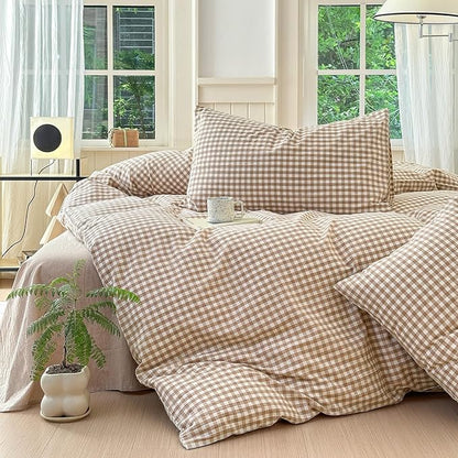LifeTB Tan Gingham Comforter Set California King 3 Pieces Modern Plaid Comforter Set Beige Grid Comforter with 2 Pillowcases Soft Fluffy Checkered Grid Pattern Gingham Bedding Set for All Seasons