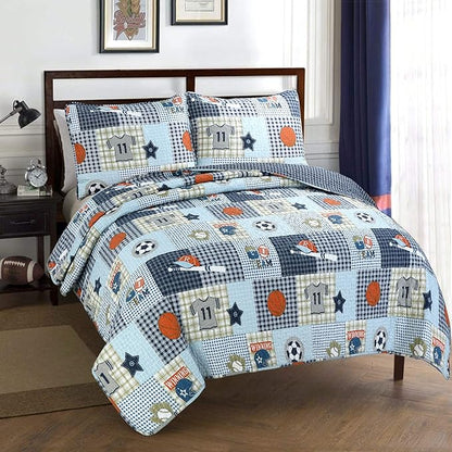 Cozy Line Home Fashions Blue Sports Baseball Basketball Soccer Ball Football Quilt Set Bedspread Coverlet for Boys Kids (Sport, Queen - 3 Piece)