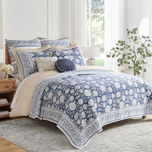 Levtex Home Adare Denim Reversible Full/Queen Quilt Set (88x92in) with 2 Pillow Shams (26x20in) - Floral Bedding - Blue White - Cotton Full/Queen Size Quilt Bedding Set - Lightweight, Soft, Pre-Washed