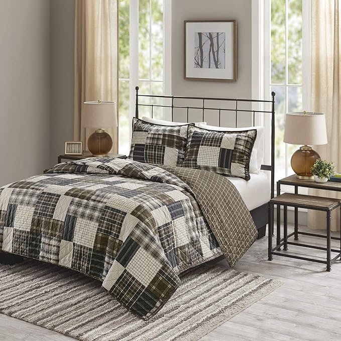 Madison Park Reversible Quilt Cabin Lifestyle Plaid Design - All Season, Breathable Coverlet Bedspread Bedding Set, Matching Shams, Timber Black/Brown Full/Queen(90"x90") 3 Piece