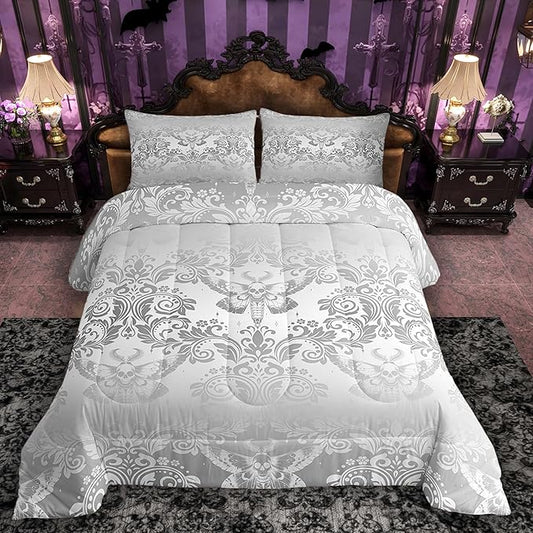 Feelyou Adults Silver Vintage Damask Floral Comforter Set Oriental Antique Comforter Twin Size Gothic Bohemia Boho Flower Bedding Set Gothic Skull Duvet Set Quilt Set 2Pcs