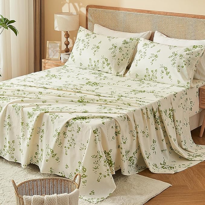 Bedlifes 100% French Linen Sheets Queen Size – Floral Printed, Botanical Pattern Breathable Cooling Sheet Set, 16" Deep Pocket, 4-Piece (Queen, Floral Green)