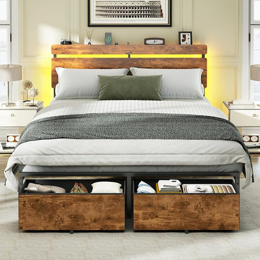 Forestell Full Size Bed Frame with Wood Headboard,2 Storage Drawers & Shelf | Built-in Charging Station & LED Lights, Metal Support, No Box Spring Needed, noise-free, easy assembly, Smart RGB, USB+Type-C