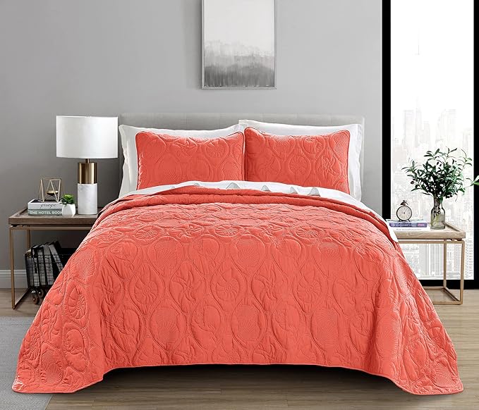 Pure Bedding Quilt Set King/Cal King/California King Size Coral - Oversized Bedspread - Microfiber Coverlet - Includes 1 Quilt and 2 Shams, Ocean Star Pattern