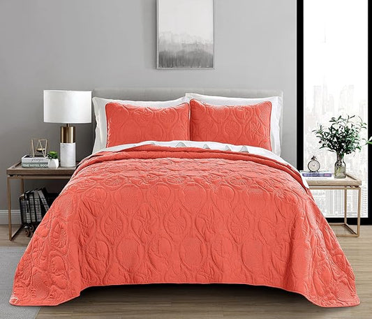Pure Bedding Quilt Set King/Cal King/California King Size Coral - Oversized Bedspread - Microfiber Coverlet - Includes 1 Quilt and 2 Shams, Ocean Star Pattern
