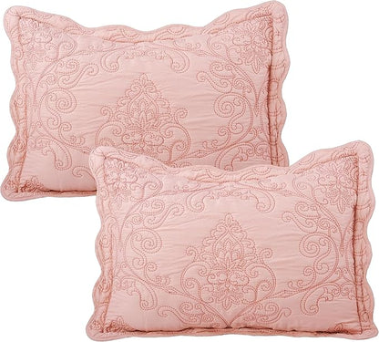 Home Soft Things Damask 4 Piece Bedspread Set, Scalloped Edge Reversible Quilt Coverlet Comforter Prewashed Bedding Set, Matelasse Embossed Floral Solid Pattern,Dusty Pink Oversize Queen(110" x 120")