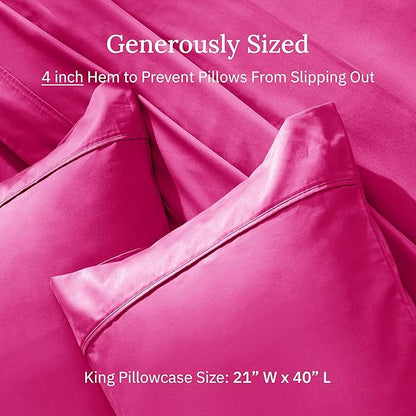 California Design Den King Size Pillowcases Set of 2-400 Thread Count Sateen, Natural 100% Cotton King Size Pillows Cases, Soft, Roomy and Breathable - Hot Pink