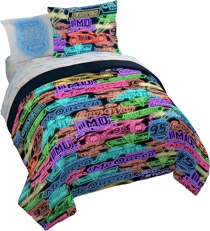 Jay Franco Kids Comforter Set Includes Sheets and Pillow Covers - Soft and Cozy Bed Set for Stylish Room Decor, Black - Cars, 7 Piece Queen Bedding